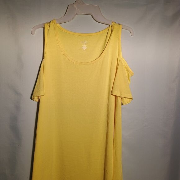Women’s Yellow Cold Shoulder T-Shirt Dress – Casual Soft Knit Summer Dress - Picture 2 of 4